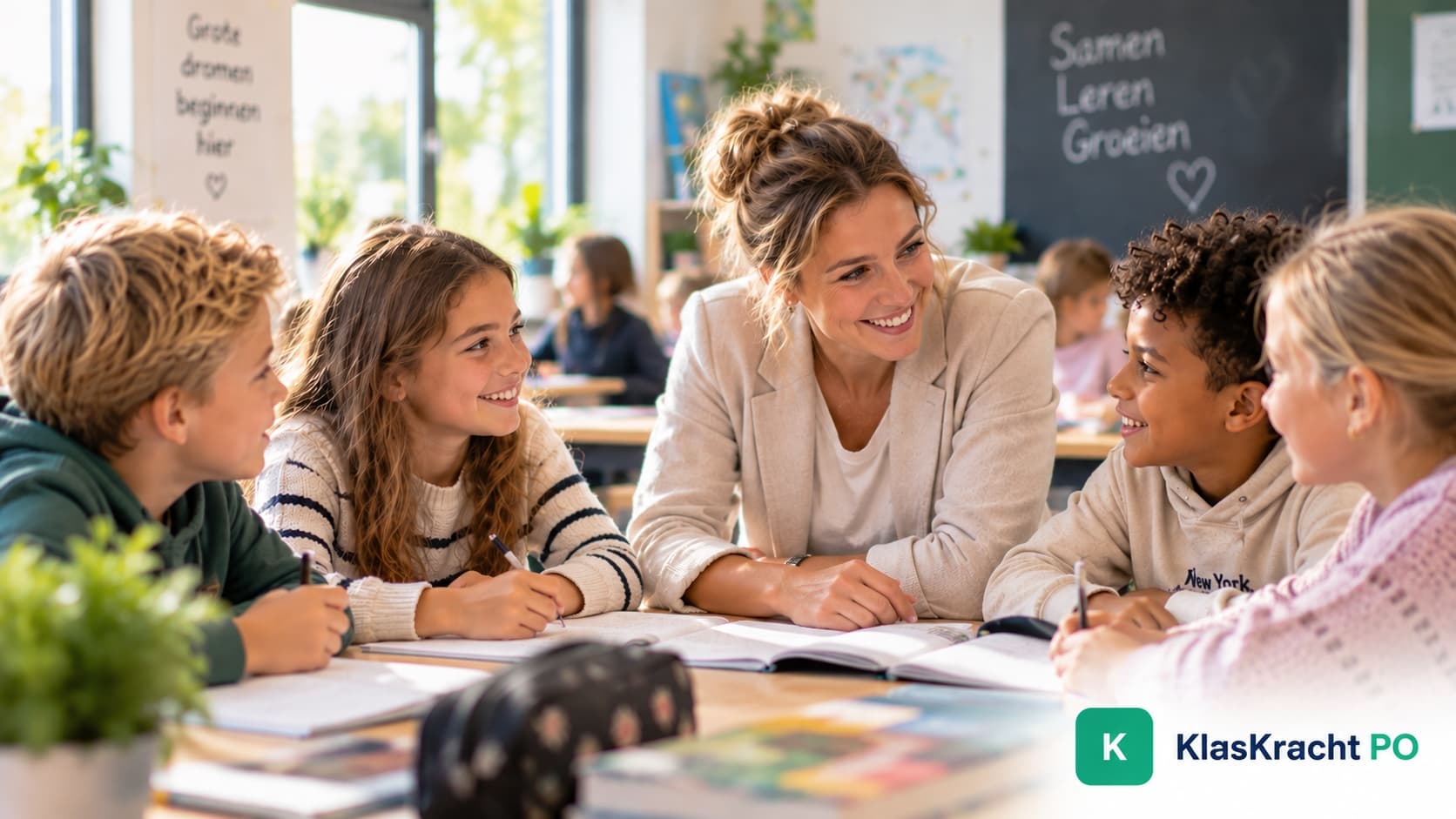 Leerkracht in gesprek met leerlingen in een actieve klas