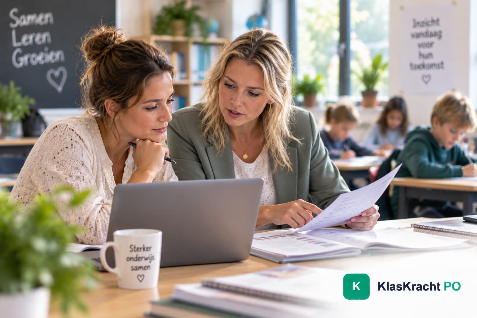 Leerkrachten bekijken leerlingwerk en toetsgegevens op een laptop