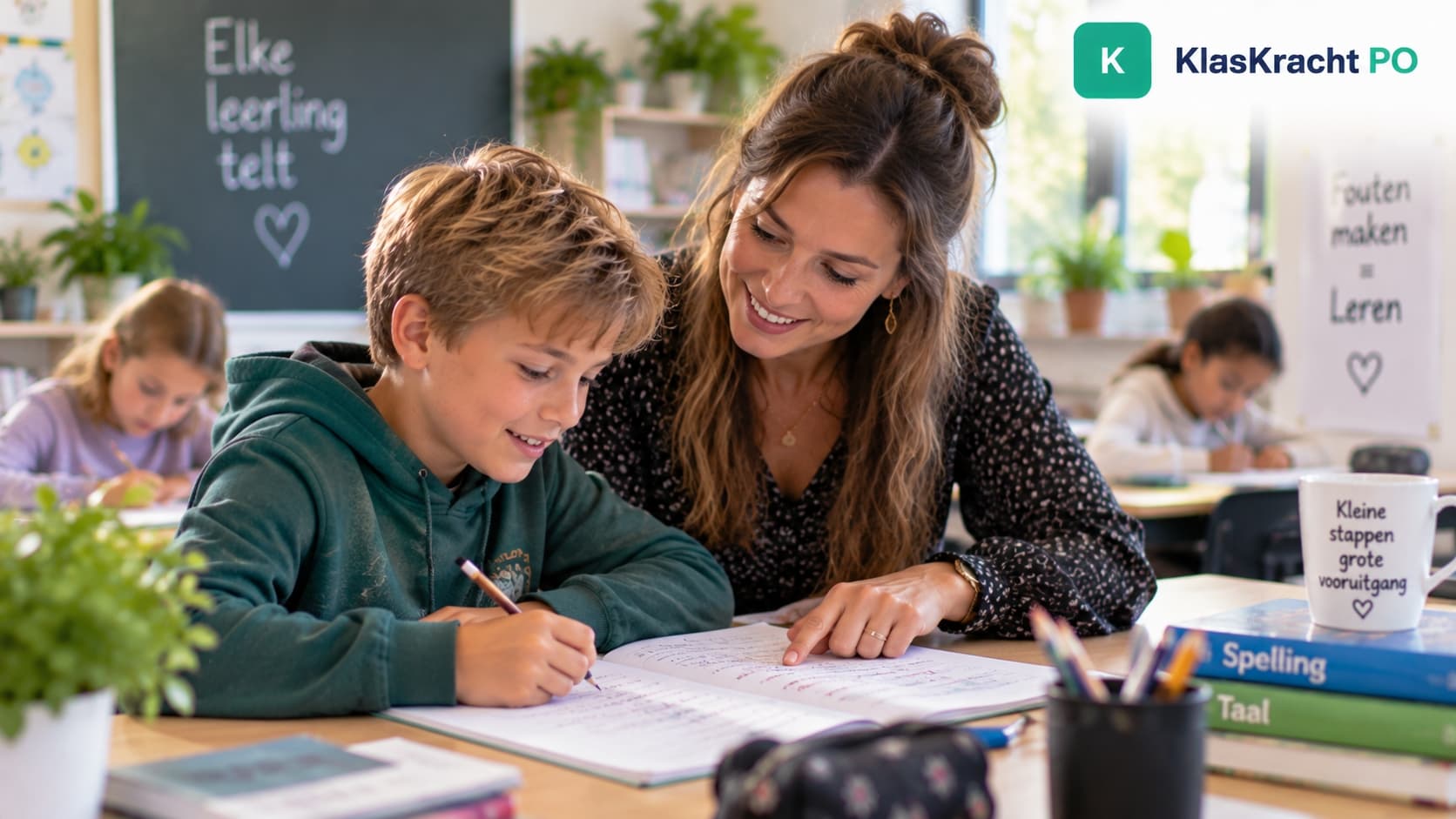 Leerkracht bekijkt geschreven werk met een leerling